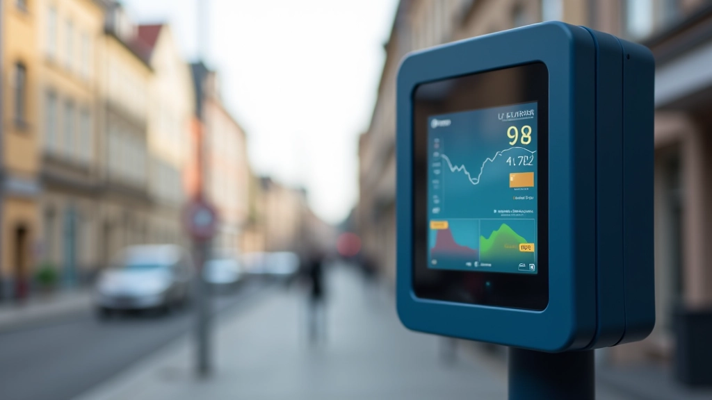 Ülevaade Tallinna õhu kvaliteedi monitoorimisseadmest, mis näitab värvilisi näitajaid rohekast punaseni, tänaval, linnahoone taustal