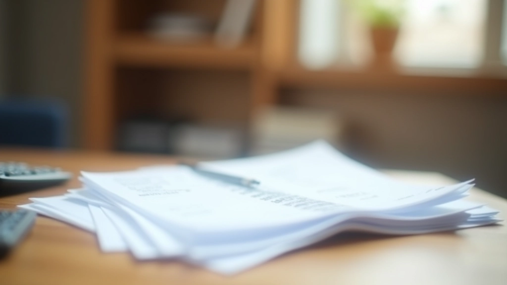 Stack of bank statements and financial documents on wooden desk with pen