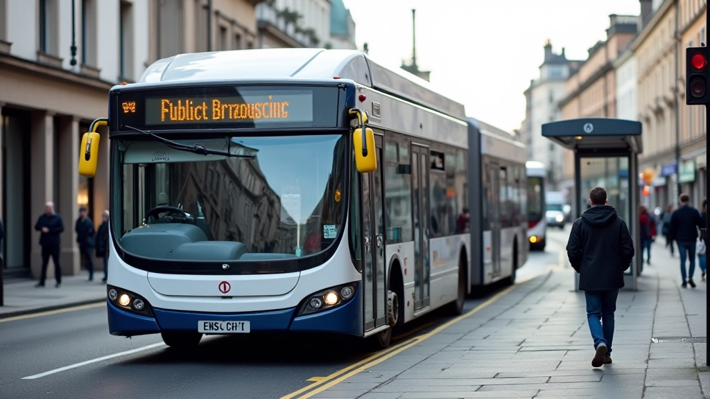 Dublin bus stop with people waiting, public transport infrastructure visible