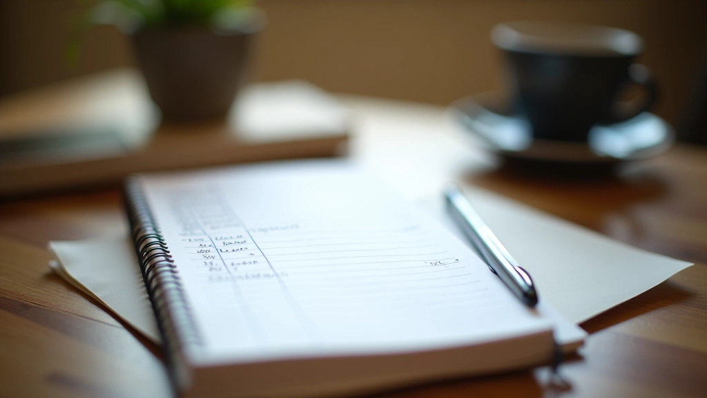 Open notebook with handwritten expense entries and pen on wooden table, morning light