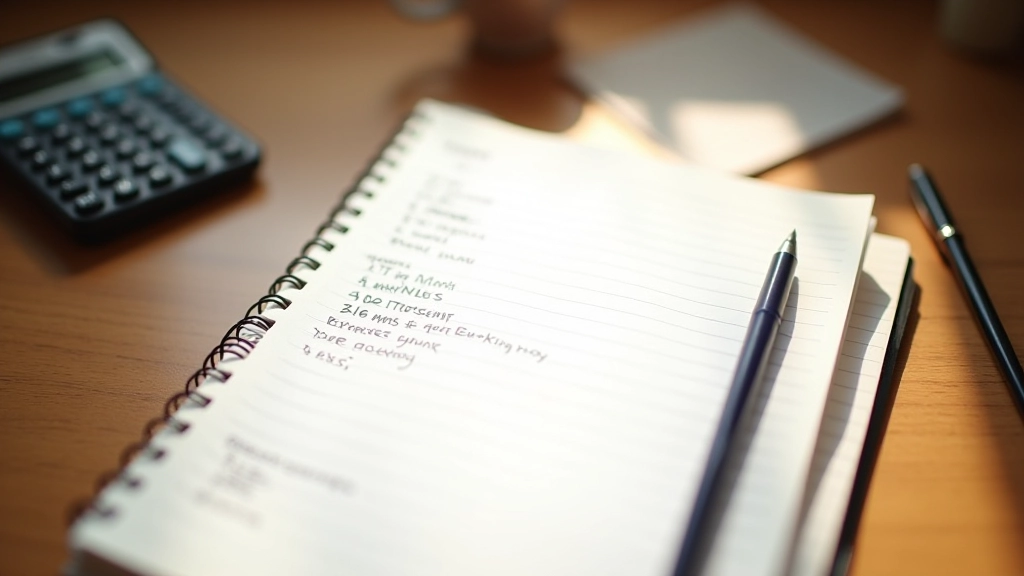 Notebook with expense tracking spreadsheet, pen, and calculator on wooden desk