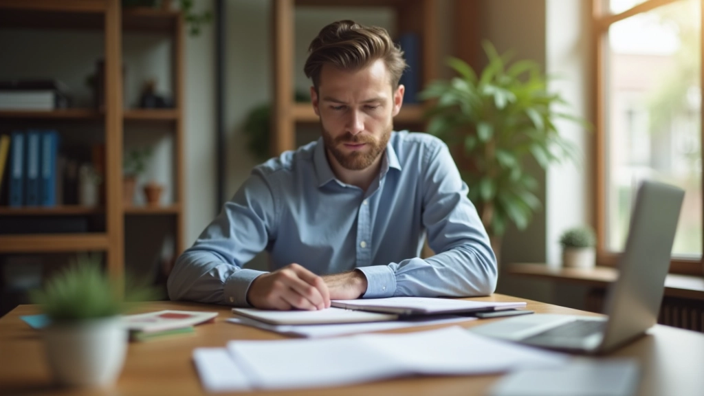 Person sitting at desk with budget planner, pen, and laptop, morning light through window