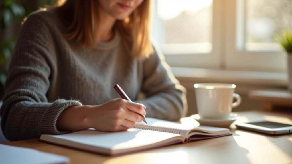 Person writing daily expenses in notebook at desk with cup of coffee