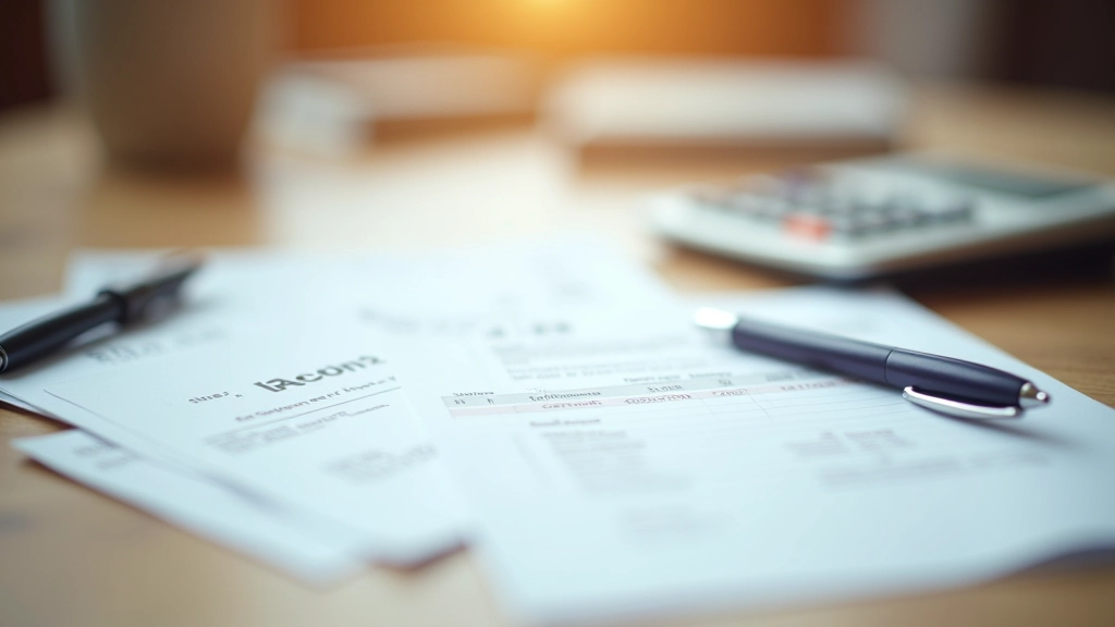 Colorful receipts and financial documents spread on desk with calculator and pen