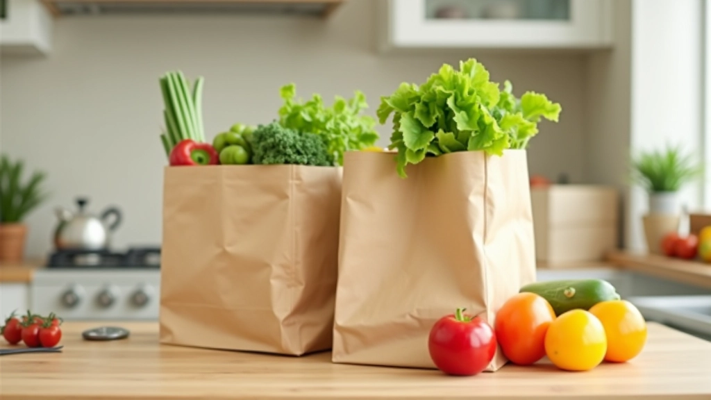 Fresh vegetables and groceries in reusable shopping bags on kitchen counter