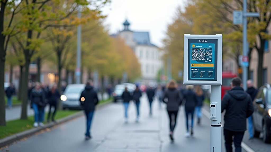 Suurekraanil nähtav digitaalne teabepaneel Tallinna kesklinnaga, kuval näidatakse liiklusteabe ja avalike teenuste infot